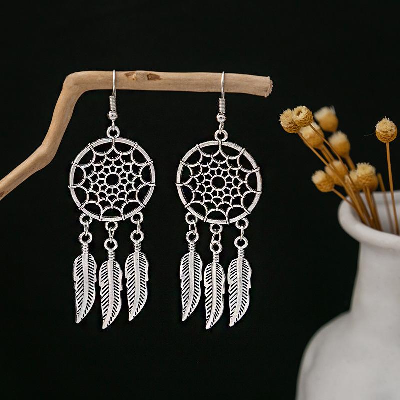Turquoise Bohemian Owl & Palm Bronze Carved Dreamcatcher Earrings for Women