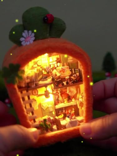 moin moin Dollhouse Miniature DIY Kit Set, Fluffy Animals, Carrot, Orange, Rabbit, Two-Story, Palm-Sized, Beginner-Friendly, Interior Design, LED Ligh
