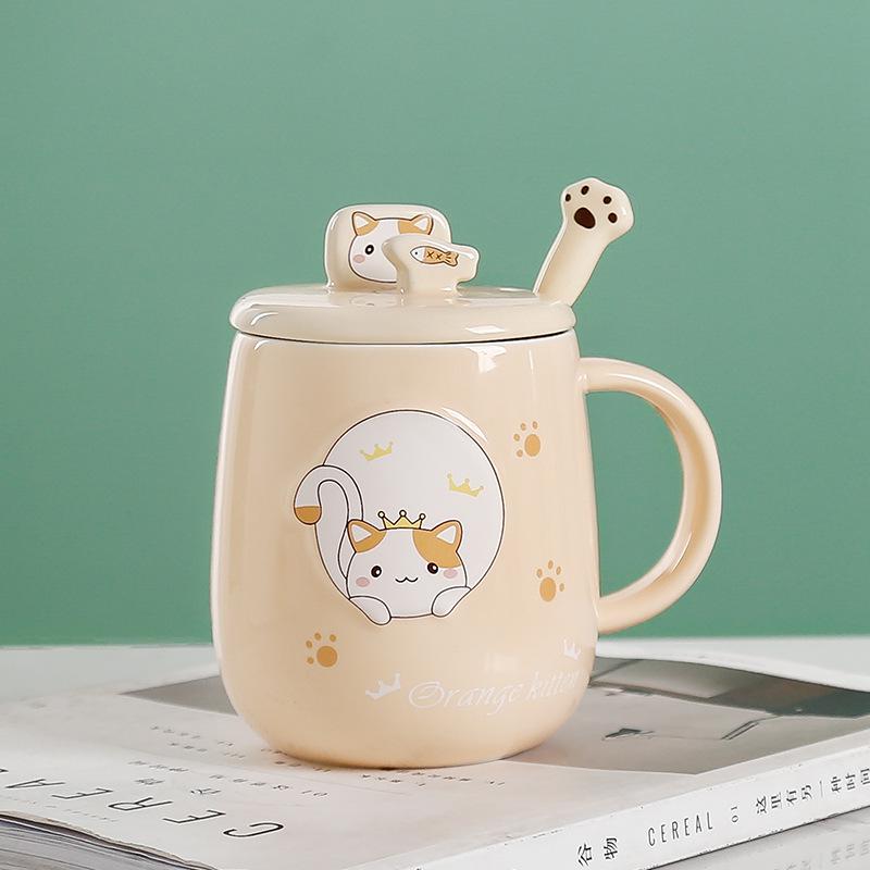 Cartoon Cat Ceramic Mug with Lid and Spoon - Trendy Office Coffee Cup