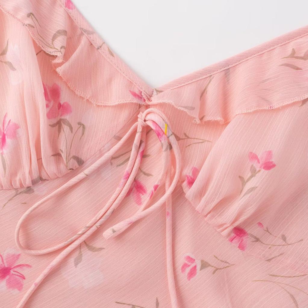 Pure Desire Sweet V-neck Bow Suspender Dress Women's Summer New Waist Lace French Pink Floral Skirt