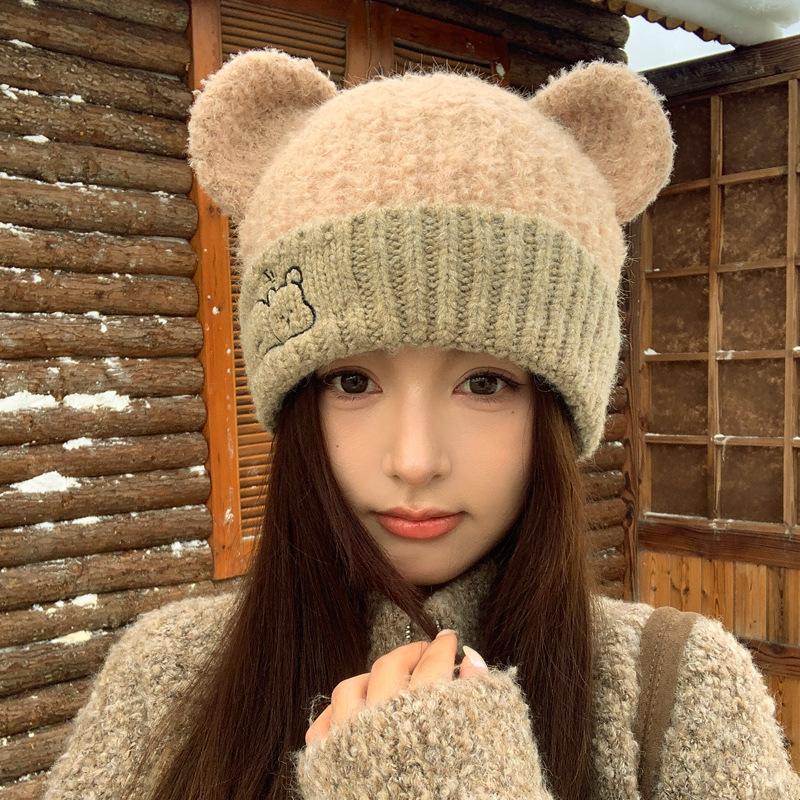Lazy bear ears knitted hat winter cartoon embroidery hat women's soft waxy skin-friendly versatile wool hat