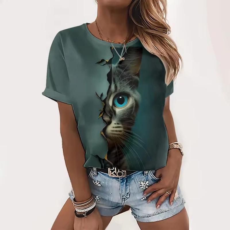 Women's Round Neck T-shirt Summer Casual Fashion Short-sleeved Top 3D Cat Print Animal Pattern Large Size Women's Clothing