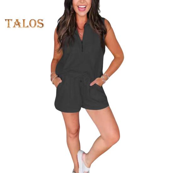 Women's Summer Two Piece Outfit Zipper V Neck Sleeveless Tank Top Elastic Drawstring Shorts Set Casual Lounge Tracksuit