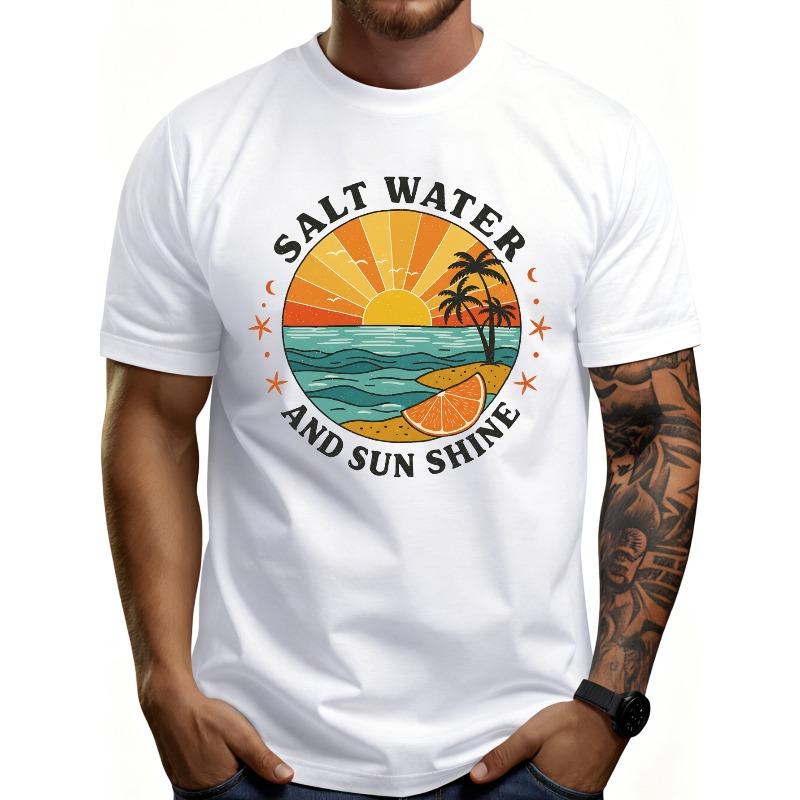 Europese Maat Casual Zomerstijl Heren T-shirt Zout Water en Zonneschijn Strandscène met Palmbomen Zonsondergang en Sinaasappelschijf Ontwerp