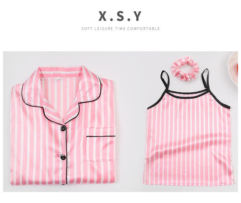 Four Seasons Wearable Children's Imitation Silk Striped Pajama Set - 7 Pieces