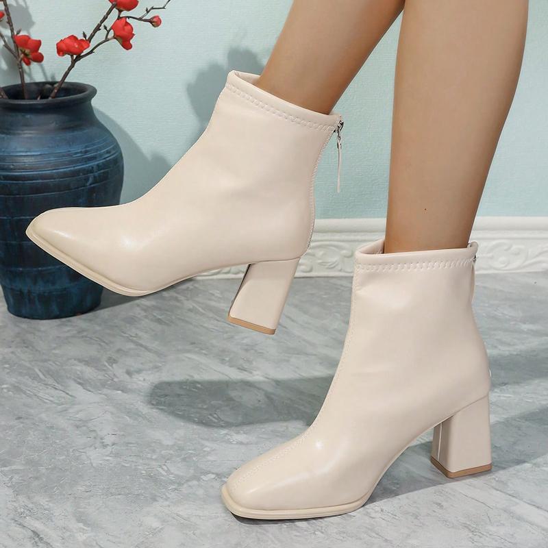 Mode Elegante Vierkante Neus Blokhak Enkellaarsjes voor Dames PU Leer Rits Achteraan Korte Laarsjes Dames Mode Hoge Hak Botas Mujer 2025