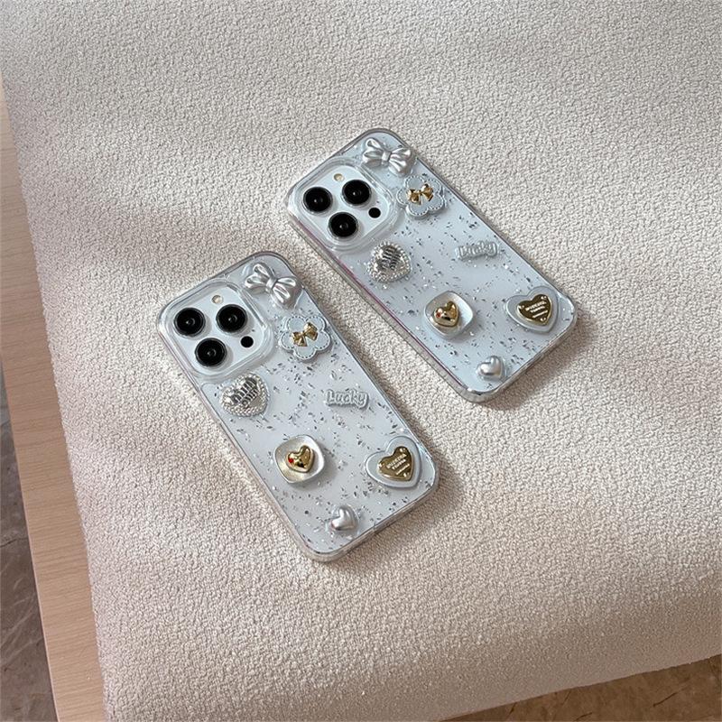 Light Luxury Sequined Bow Love Phone Case for IPhone16 Promax Flowers for Apple 17 Transparent Soft Case