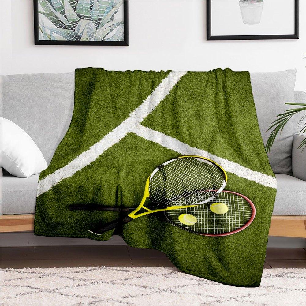 Tennis Rackets and Balls On CourtBlanket Flannel Throw Blanket for Sofa, Bed, Travel, Camping, Office, Couch, Chair, And Bed Gift for Christ