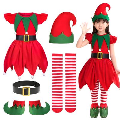 Yi-gog Santa Cosplay Kids 5-Piece Set, Includes Elf Christmas Dress, Hat, Belt, and Christmas Socks, Perfect for Photoshoots, Events, and Parties