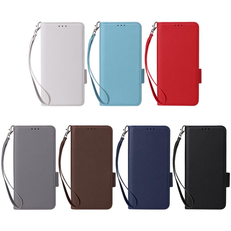 Compatible Leather Flip Case with Card Slot & Lanyard for VIVO Y38/Y58/Y200i 5G; Lychee Grain Design.