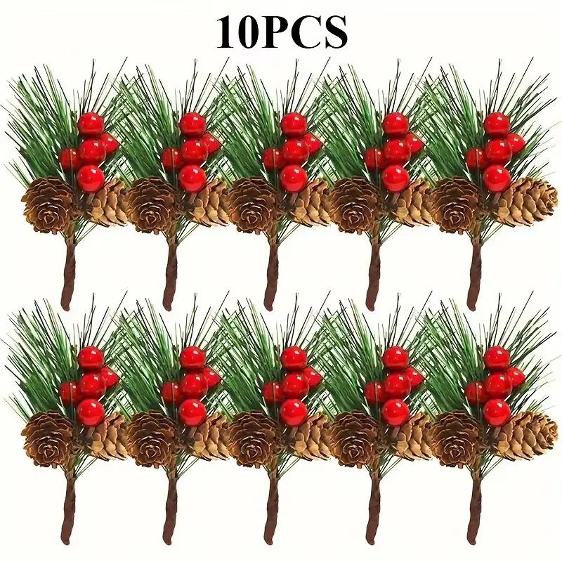 10 Stück künstliche Kiefernzweige mit Kiefernnadeln, Tannenzapfen und roten Beeren - Langlebige Kunststoff-Weihnachtsdekoration für Kränze, Weihnachtsbaum