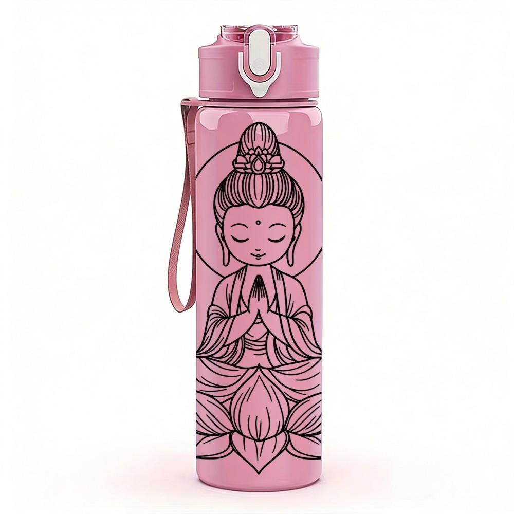 1PC Meditating Buddha Calm Pattern 750ml Color Plastic Sports Water Bottle Leakproof Flip Straw Lid Suitable for Sports Office Home Use