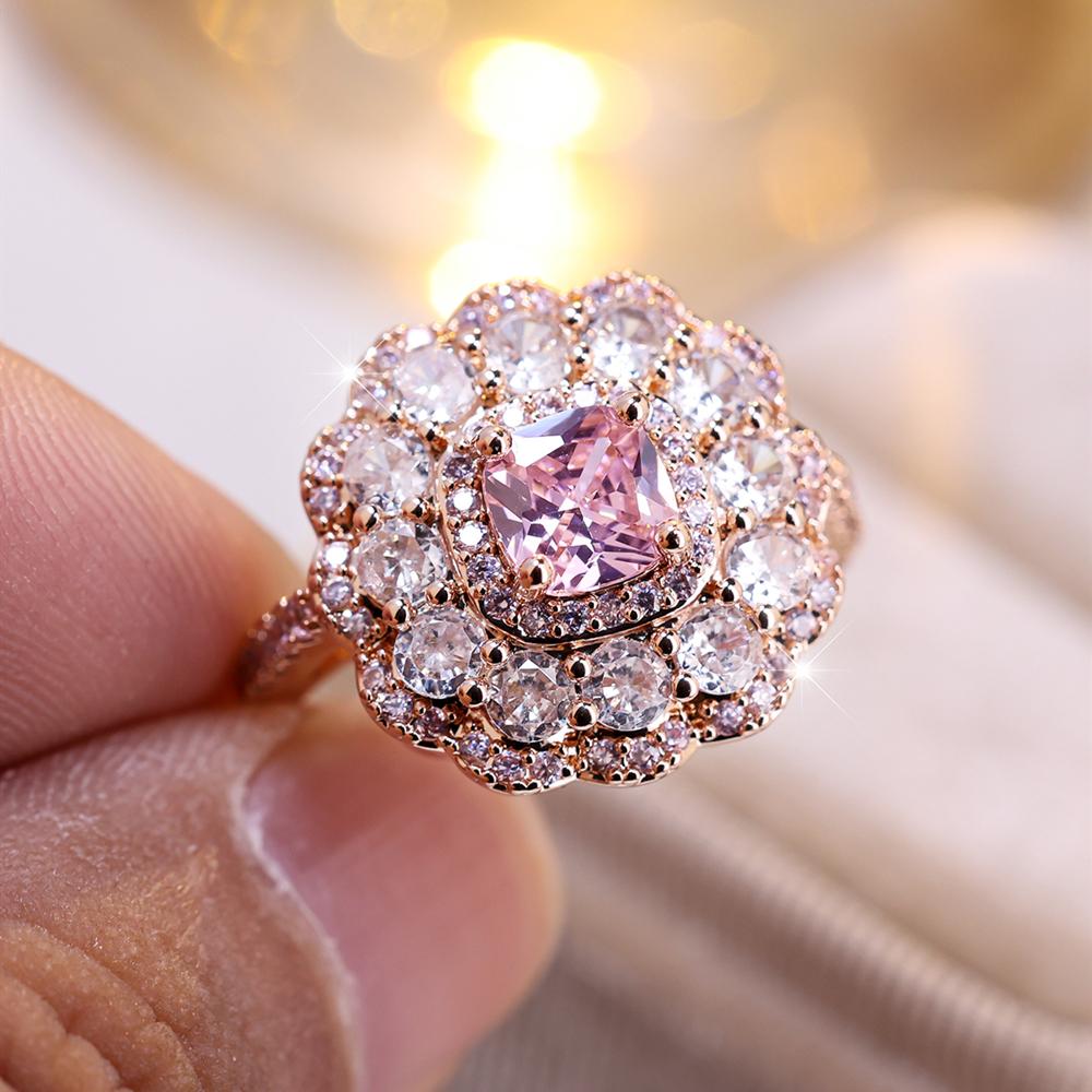 Exquisite Multi-stone Glittering Cubic Zirconia Big Ring For Women Fashion Pink Flowers Women's Engagement Ring Party Birthday Jewelry Gift