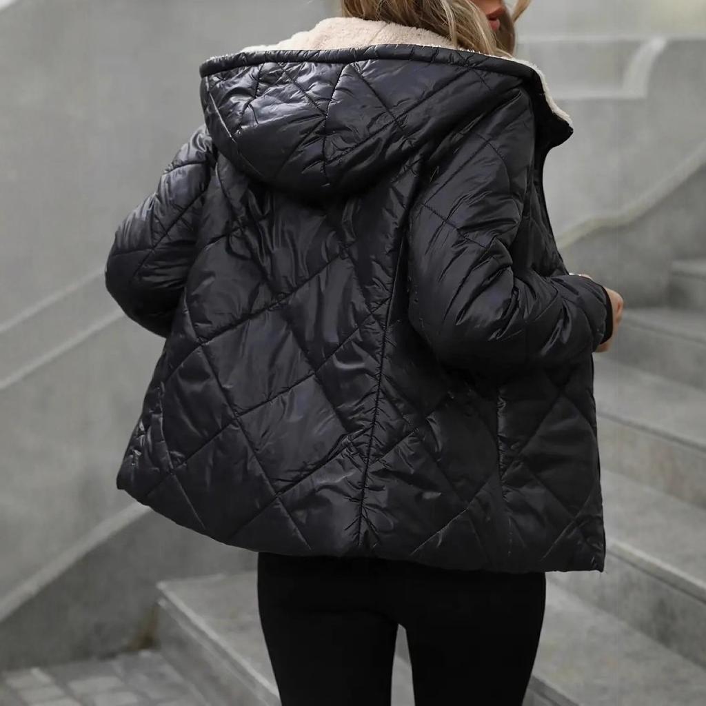 Women Hooded Quilted Puffer Jacket with Faux Fur Lining Solid Color Casual Slim Fit Coat