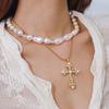 Youthway Vintage Elegant Stainless Steel Geometric Colorful Zircon Imitation Pearl Cross Pendant Necklace Set Women Jewelry Gift
