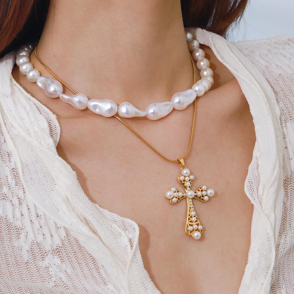 Youthway Vintage Elegant Stainless Steel Geometric Colorful Zircon Imitation Pearl Cross Pendant Necklace Set Women Jewelry Gift