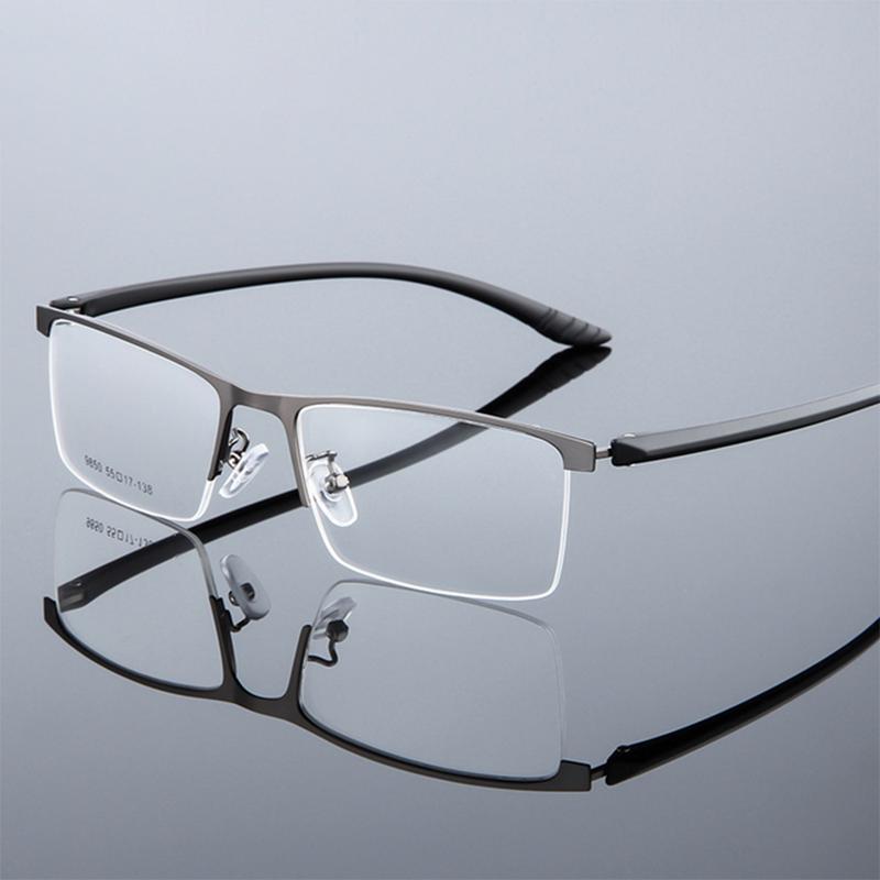 Semi-Rimless Business Metal Eyeglasses Photochromic Lenses and Anti-UV Coating for Men Square Prescription 0 -0.5 -0.75 To -6