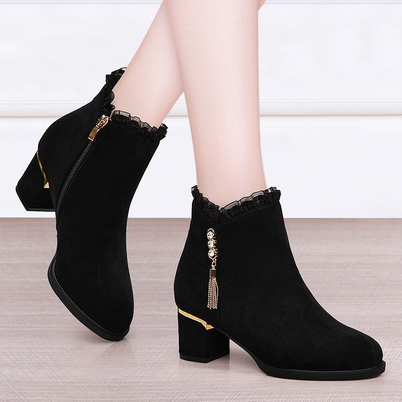 Fleecefôrede Boots Svart Høst Vinter Dame Korte Sko Elegante med Medium Hæler Dame Ankelstøvletter Rhinestone Støvlett Salg