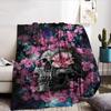 Skull Pink Flower Flannel Throw Blanket, Gothic Floral Skull Print Soft Warm Lightweight Blanket for Sofa Bed Bedroom Halloween Home Decor Gift