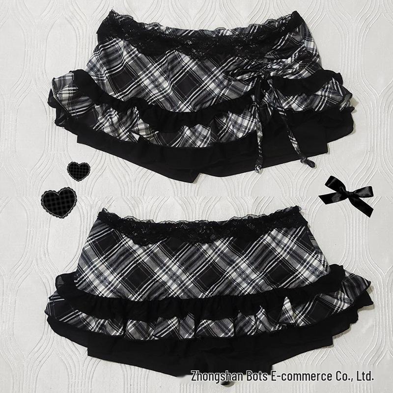 Gothic Style Slim-Fit Plaid Lace Skirt for Girls