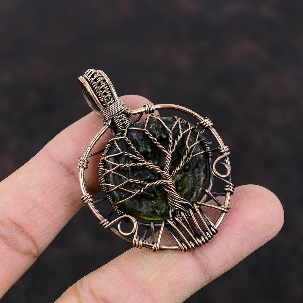 Tree Of Life Moldavite Pendant Copper Wire Wrapped Pendant Unique Tree Of Life Jewelry Gemstone Pendant Handmade Copper Jewelry Gift For Her