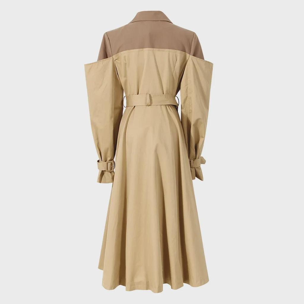 Women's Mid-Length Two-Tone Patchwork Trench Coat with Suit Collar - Autumn Style Over-Knee Waist Coat Dress
