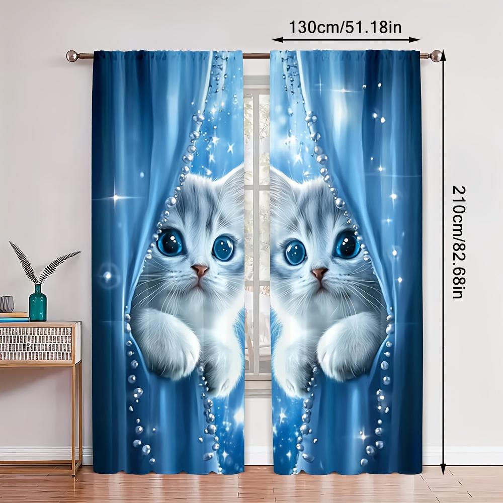 2pc Cute Cat Print Curtains – Rod Pocket   Sheer for Bedroom   Living Room & Study – Home Decor