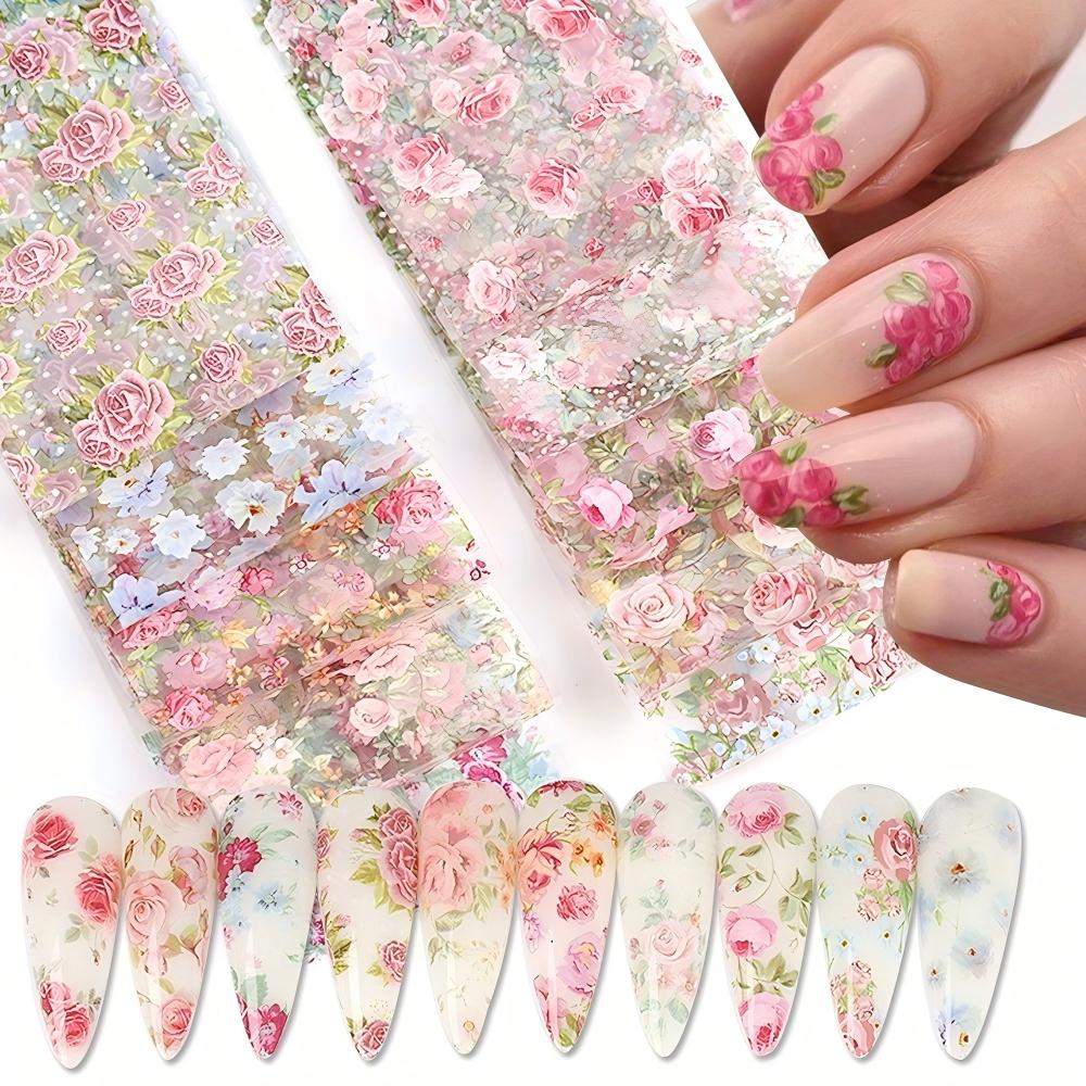 Lot de 10 Stickers Transfert Foils pour Nail Art Mixés Motifs Fleurs Roses Ciel Étoilé Floral Wraps pour Ongles Décor Manucure Mariage Été