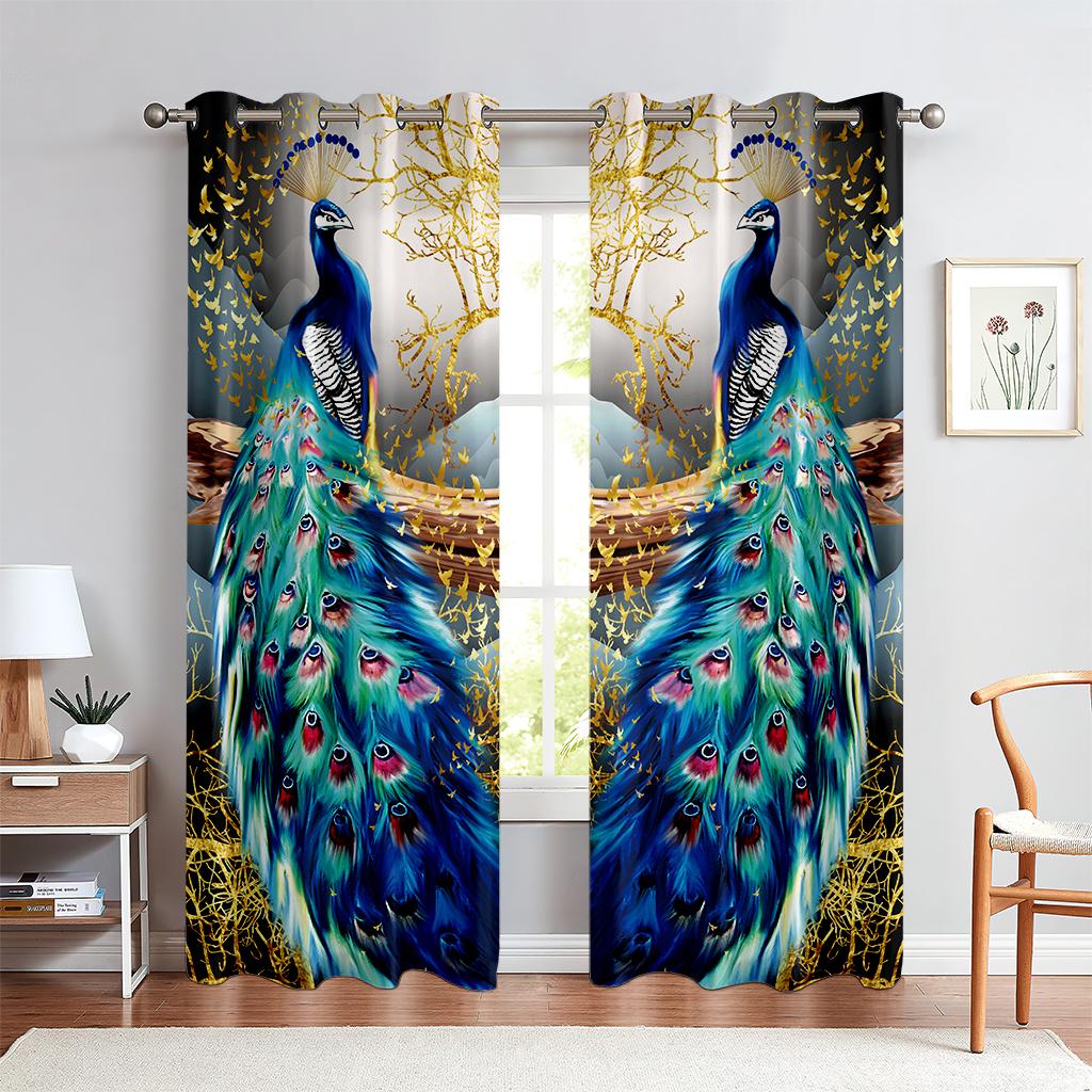 Animal Peacock Pattern Curtains Half Cover Living Room Bedroom Kitchen Decorative Can Be Set Of 2 Made Polyester With Rod Pocket Area Decor