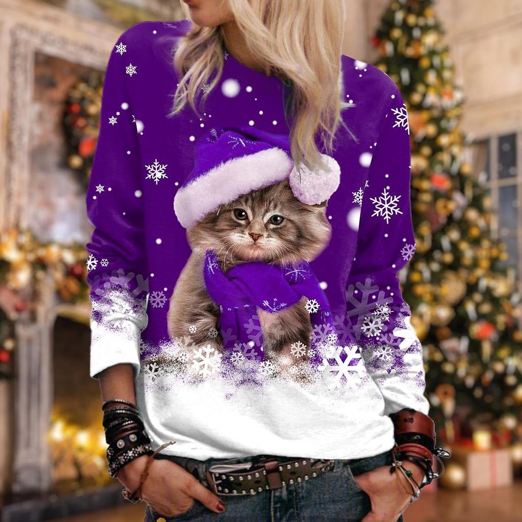 Cat Womens Sweatshirt Christmas Sportswear Holiday Print Christmas Casual Round Neck Long Sleeve Top Micro Stretch 6xl