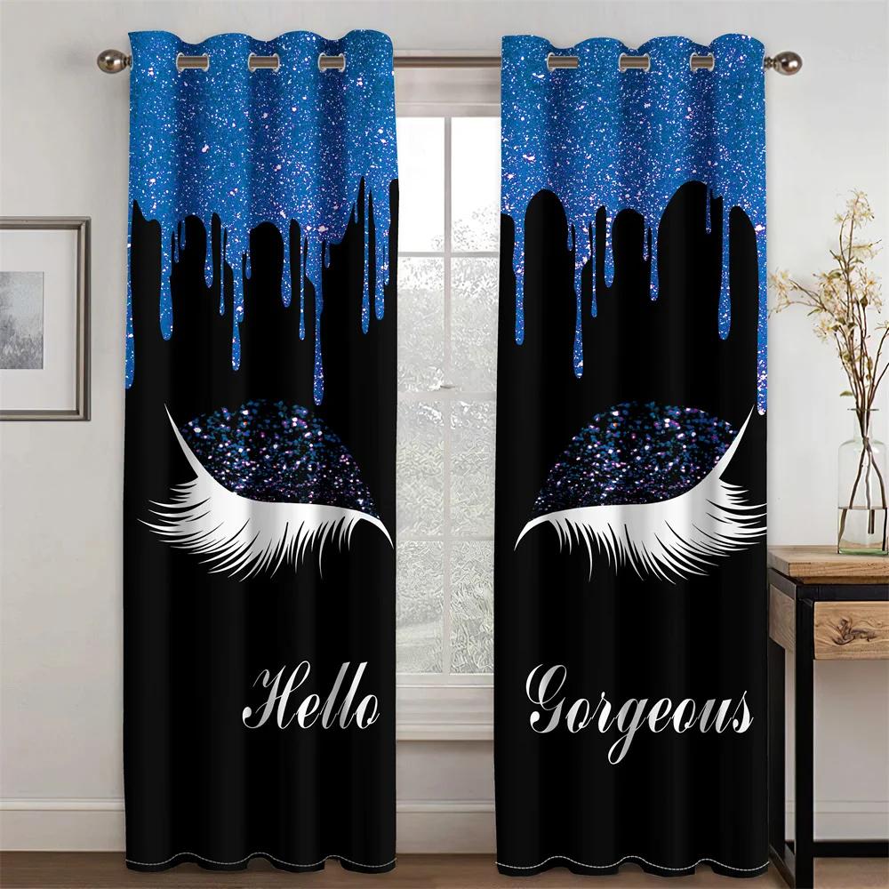 Beautiful Blue Shine Eyes Eyelash Girl Window Curtains Blinds For Living Room Kids Bedroom Bathroom Kicthen Door Home Decor 2Pcs