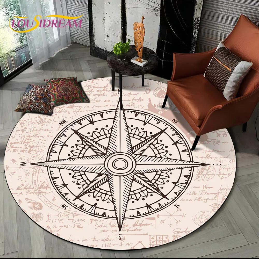 Tapis Rond Série Boussole Rétro 3D, Tapis Rond pour Salon Chambre Canapé Coussin de Pied Décor Tapis de Sol Antidérapant Cadeau