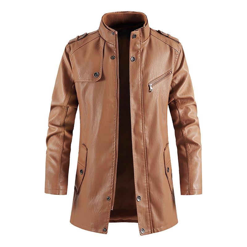 Mid-length Fashionable Jacket with Stand Collar, Casual Spring and Autumn New Zipper Slim Fit Men's Motorcycle Leather Jacket