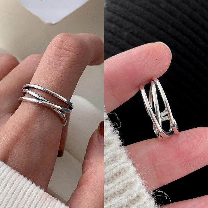 Oregelbunden Linje Ring Dam Retro Enkel Dubbellagers Korsad Ring Justerbar Ins Våg Kallvindsindex Pekfingerring