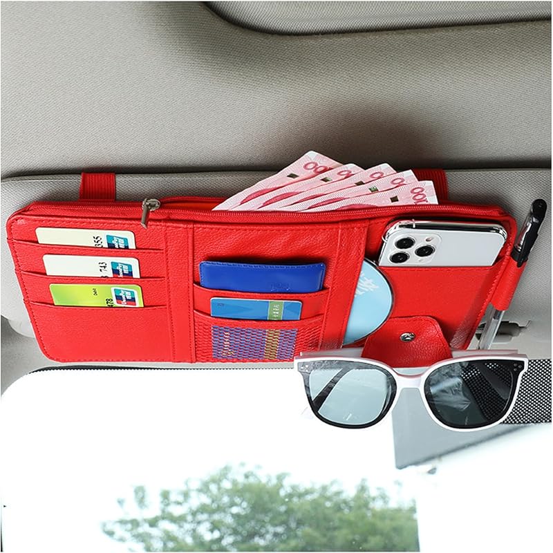 Augeny Car Sun Visor Organizer, Leather Personal Belonging Storage Pouch With Zipper, Car Visor Storage Pouch Sunglasses Holder, Auto Interior
