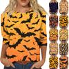 Modny damski casualowy top z rękawem 3/4 z nadrukiem na Halloween, z okrągłym dekoltem