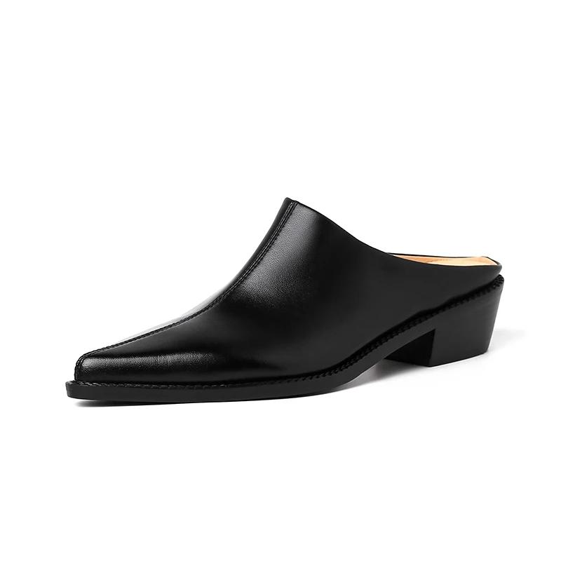 2024 New Ladies Genuine Leather Mules Fashion High Heel Chunky Heels Summer Slippers Women Casual Office Black Brown Shoes Woman