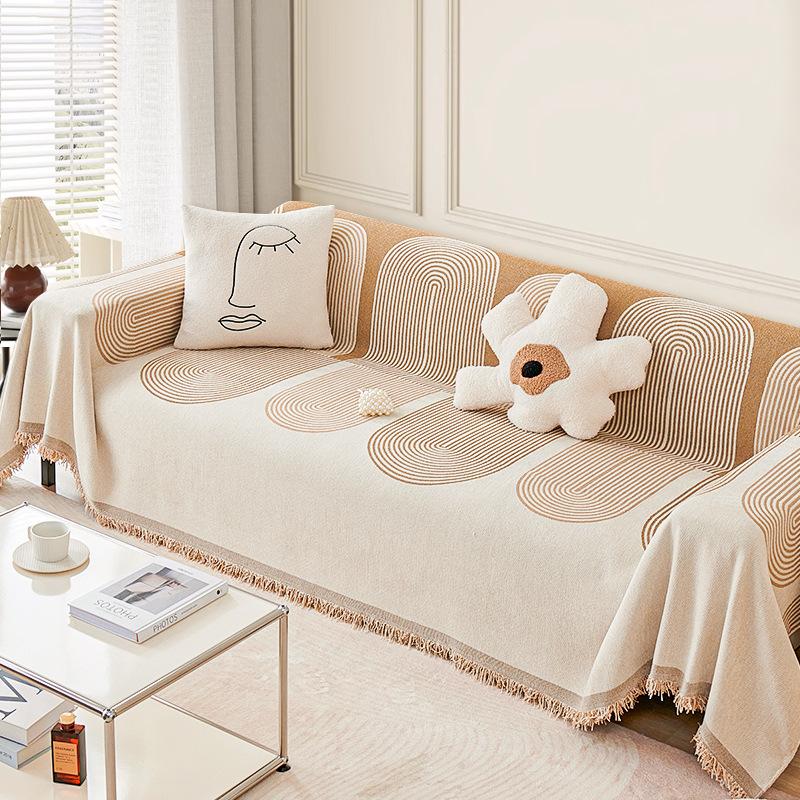 Geometric Lines Chenier Sofa Towel Tassel Design Sofa Cover Universal Soft Multifunctional Blanket Sofa Protective Cover For Home Decor