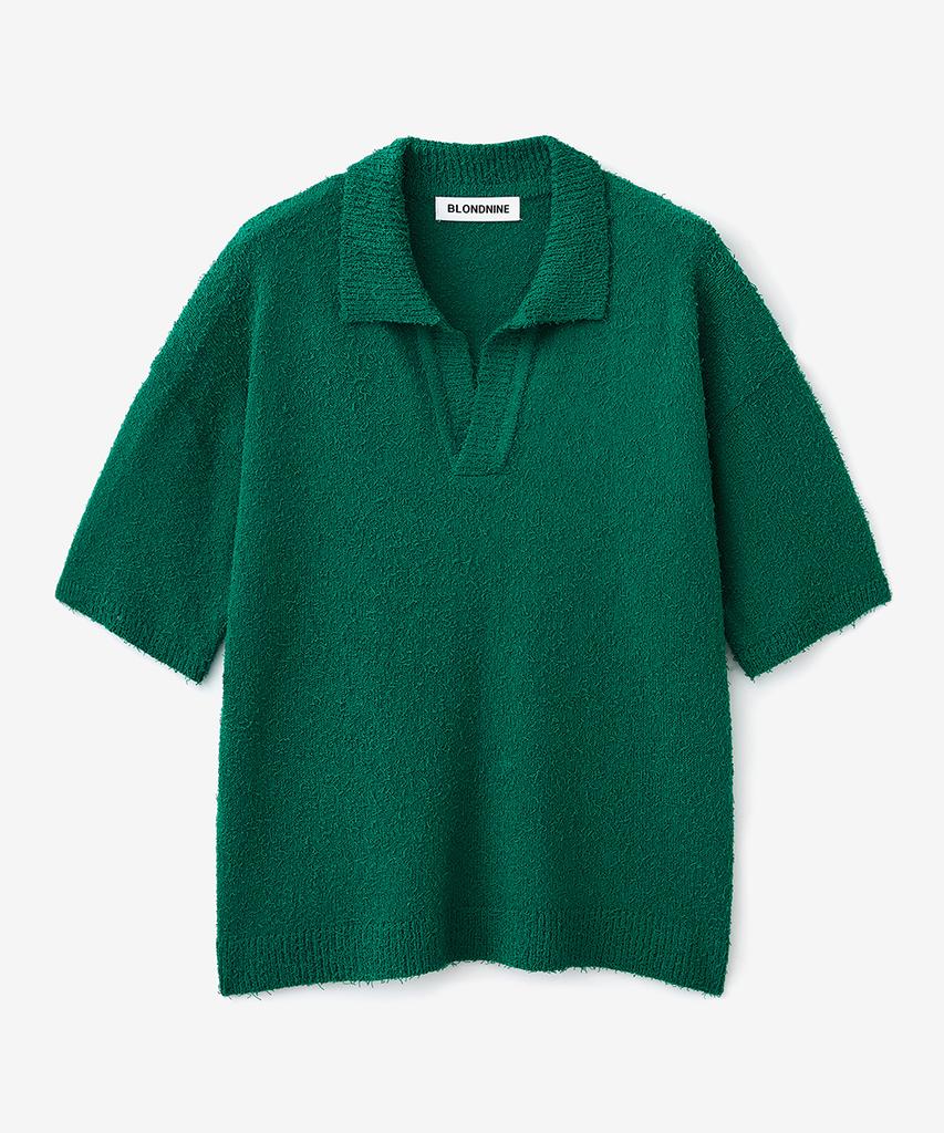 BLOND9 Tail Yarn Open Collar Short Sleeve Knit_Green