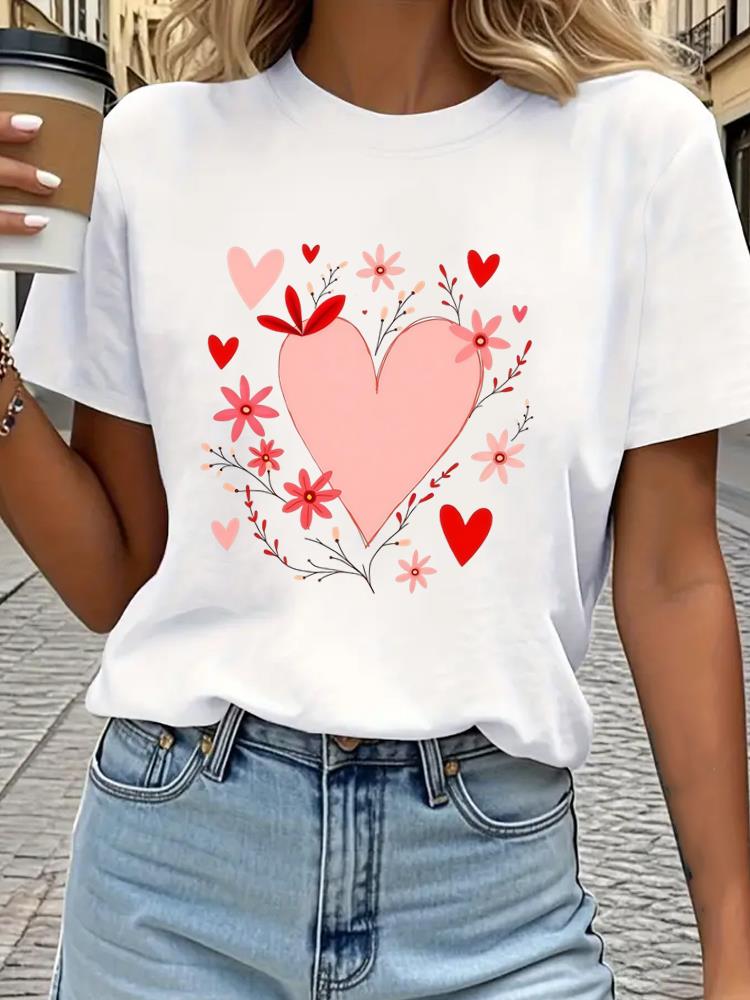 (Asian Size) Tee Top Print Sweet Love Style Cute Women Woman Fashion Clothing Short Sleeve T Shirt  Female Graphic T-shirts