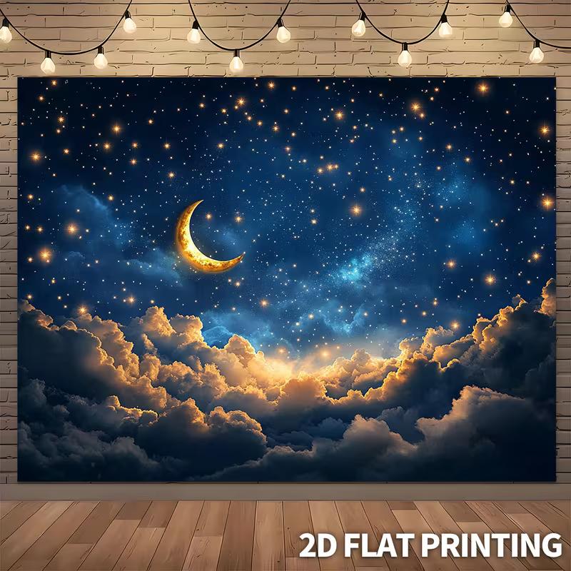 2D Dreamy Moon Tapestry Golden Crescent, Starry Sky and Sunlit Clouds Wall Art
