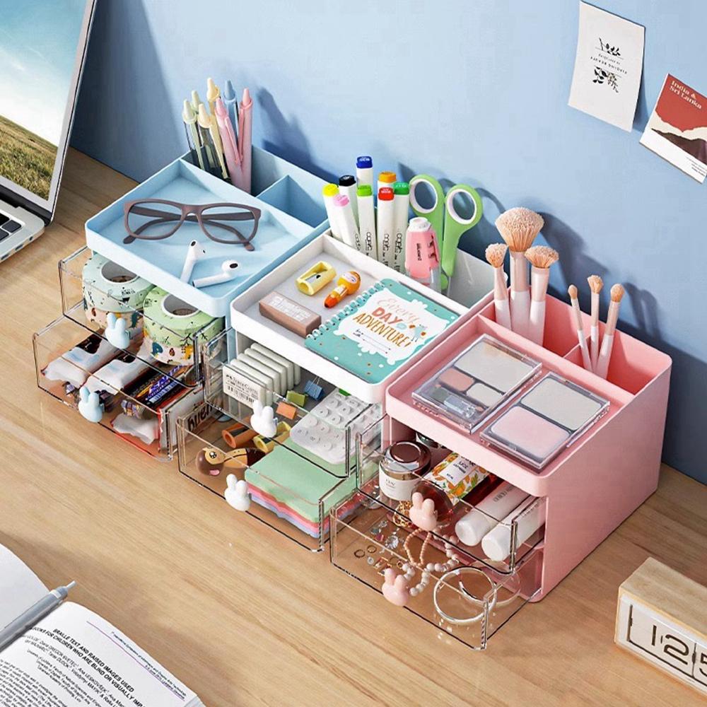 1PCS 2-laye Creative Pen Holder Transparent Drawer Rabbit Storage Box Children Girls Student Office Bedroom Desktop