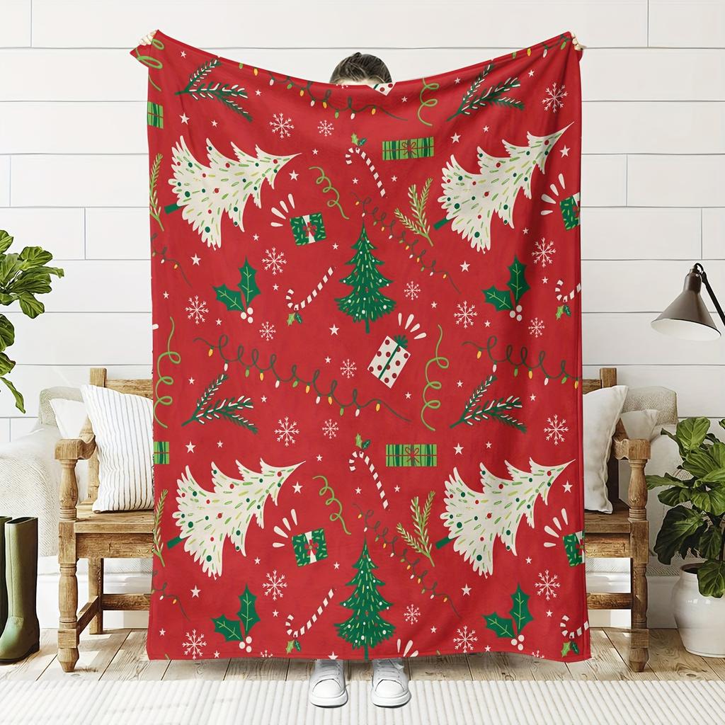 Contemporary Christmas Tree Pattern Digital Print Flannel Throw Blanket, Soft Warm Multipurpose Knitted Polyester Throw,