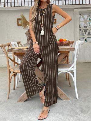 New Spring/Summer Two-Piece Set Striped Tank Top Wide Leg Pants Fashion Outfit