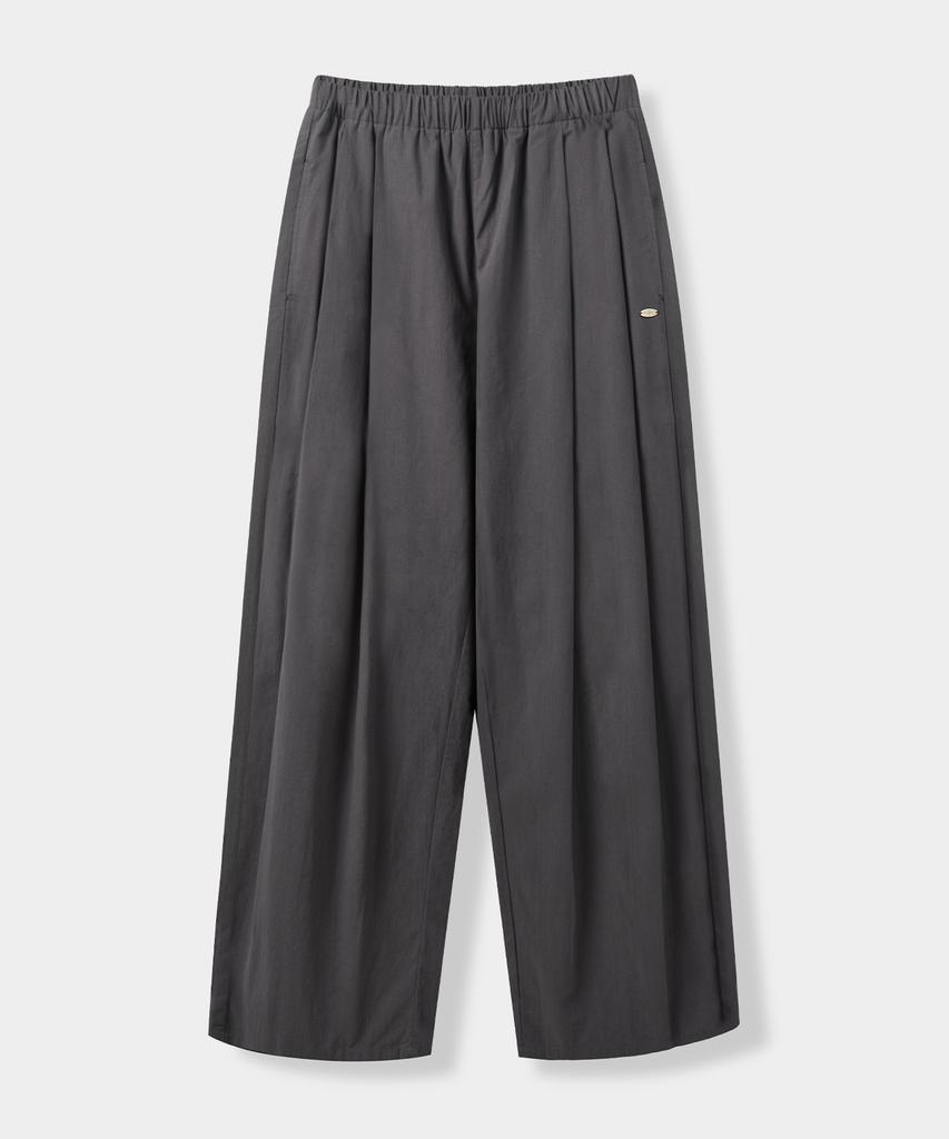 Yujen Double-Pleat Wide Cotton Elastic Waist Pants_Charcoal