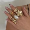 6PCS Exaggerated Metal Flower Open Rings for Women Baroque Imitation Pearl Adjustable Ring Fashion Jewelry Accessories