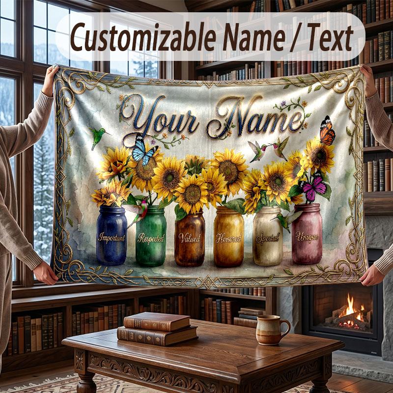 Floral Garden Theme Throw Blanket Custom Name Text Personalized Blanket Soft Cozy Blanket for Home Sofa Bed