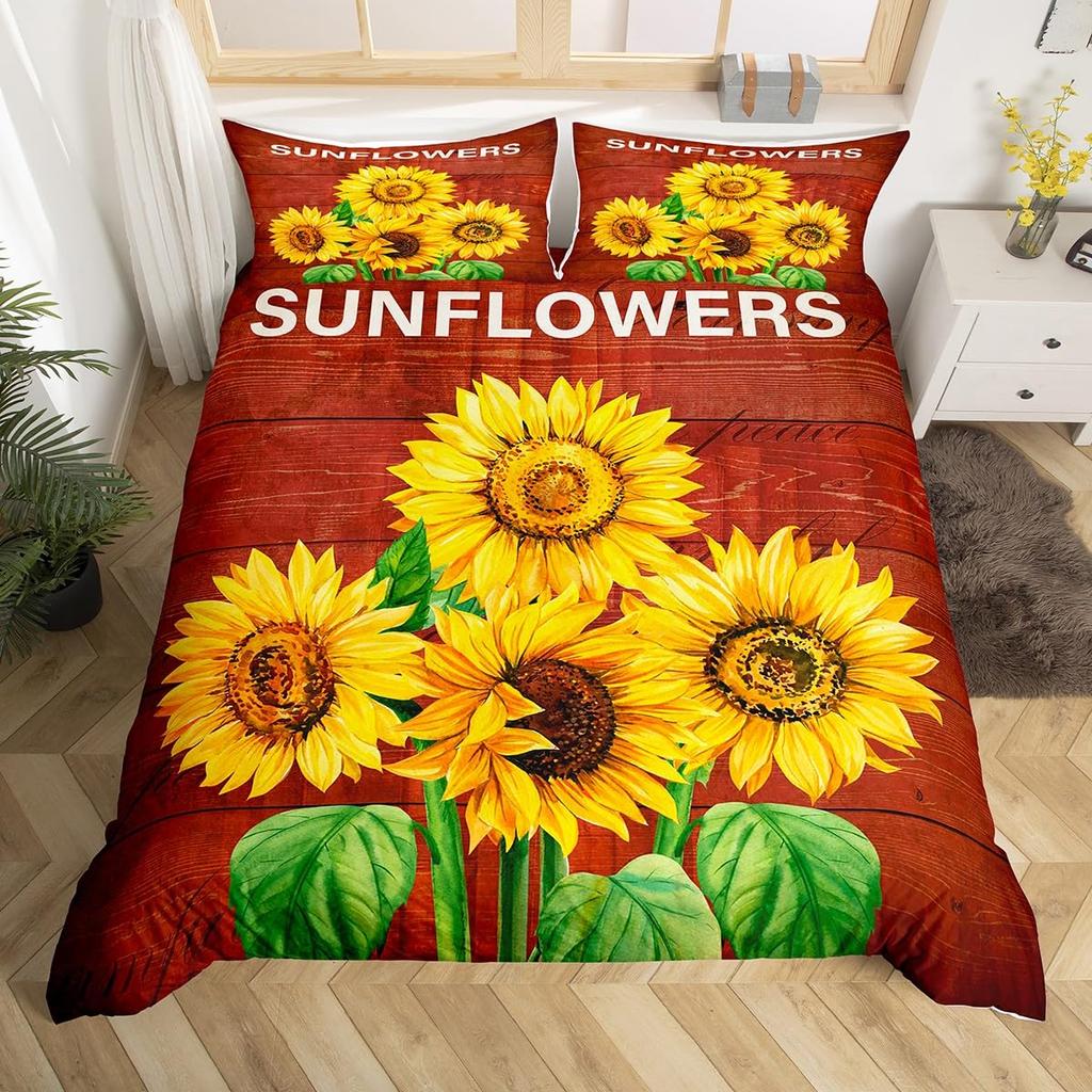 Cartoon Gnome Sunflower Duvet Cover King Queen Lovely Dwarf Flowers Bedding Set Yellow Floral Comforter Cover With 2 Pillowcase