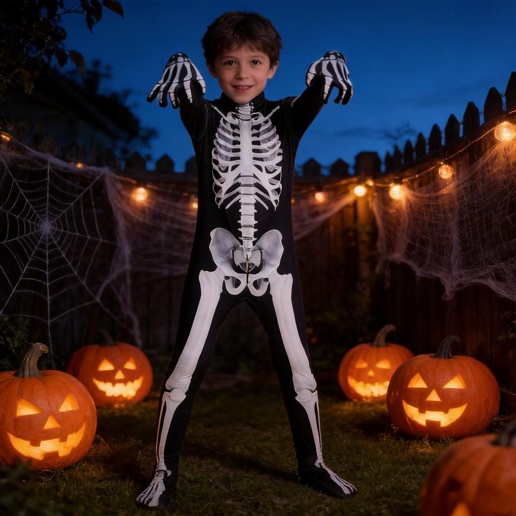 Costum Schelet Halloween Salopetă din Material Mătase de Lapte Pentru Copii Petrecere Cosplay