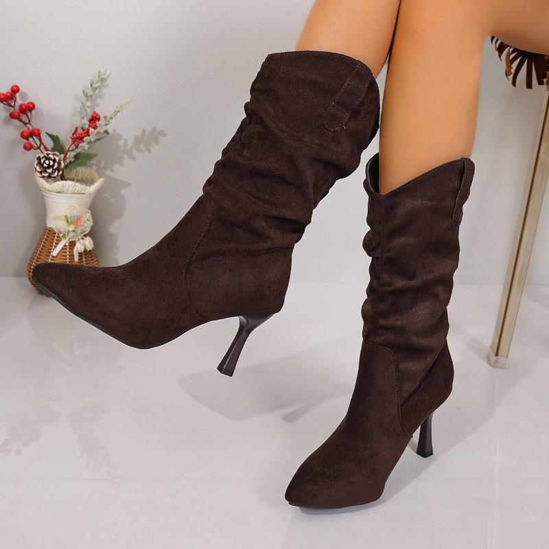 Übergröße Spitzschuh High Heel Mode Stiefel 2025 Winter Neu Plissierte Mid-Calf Stiefel für Damen